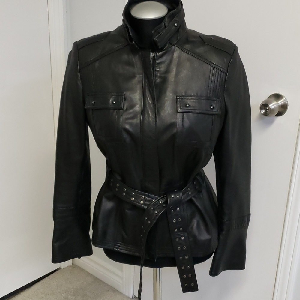Hip leather black lamb leather biker jacket